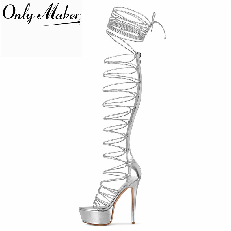 Sandal Strappy Heeled - Onlymaker Gümüş Rengi, Parmakları Açık, Bağcıklı,