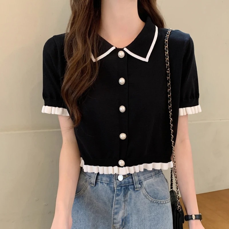 Crop Top Crochet - Kadın Gömlek Örme Kısa Kollu Sevimli